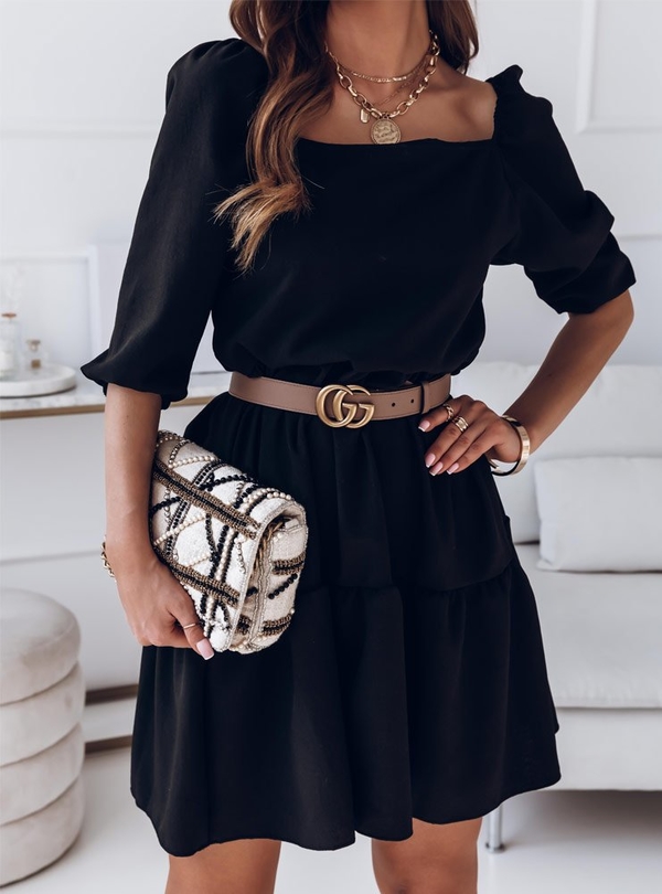 Czarna sukienka Pakuten z krótkim rękawem z lnu w stylu casual