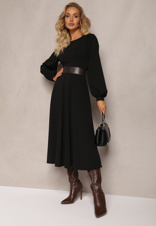 Czarna sukienka Renee maxi rozkloszowana z długim rękawem
