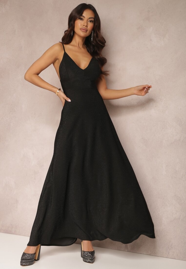Czarna sukienka Renee maxi z dekoltem w kształcie litery v na ramiączkach