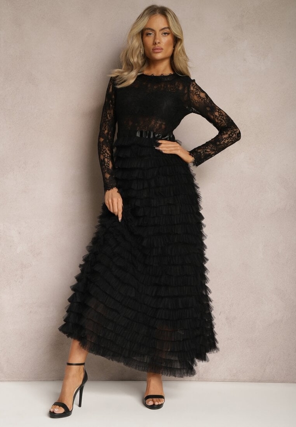 Czarna sukienka Renee maxi z okrągłym dekoltem rozkloszowana
