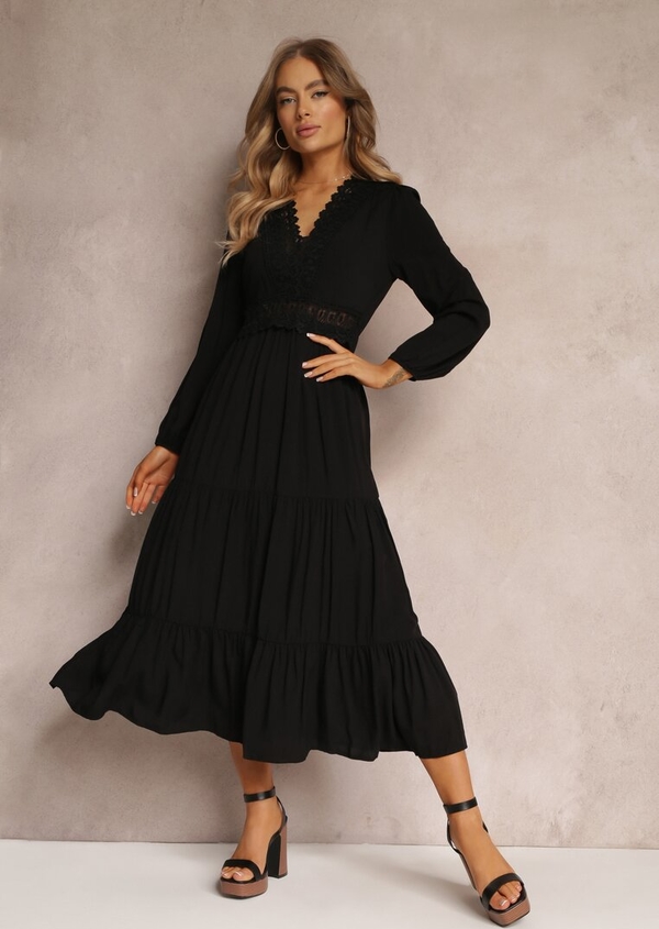 Czarna sukienka Renee midi z długim rękawem