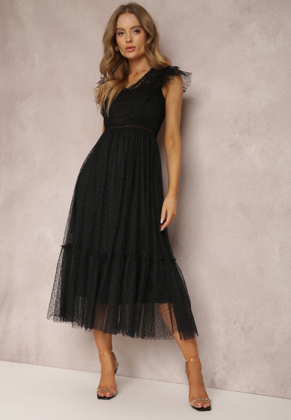 Czarna sukienka Renee midi z tiulu z krótkim rękawem
