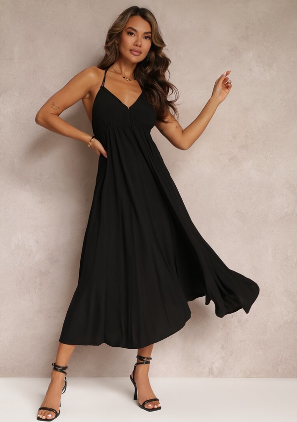 Czarna sukienka Renee na ramiączkach z dekoltem w kształcie litery v z tkaniny