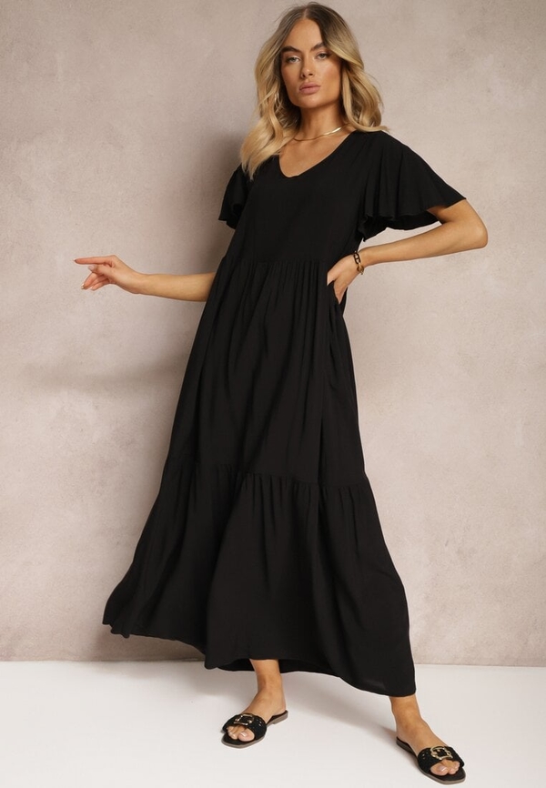 Czarna sukienka Renee z bawełny z dekoltem w kształcie litery v maxi