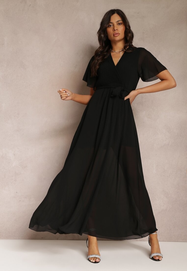 Czarna sukienka Renee z dekoltem w kształcie litery v kopertowa z długim rękawem