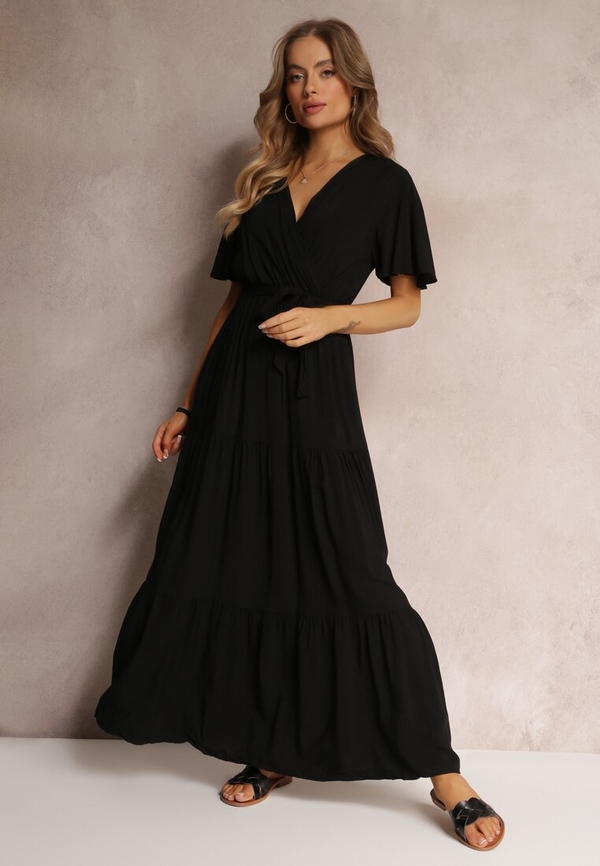 Czarna sukienka Renee z dekoltem w kształcie litery v maxi z długim rękawem
