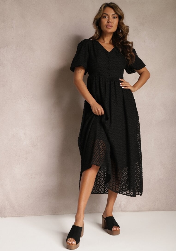 Czarna sukienka Renee z dekoltem w kształcie litery v midi z krótkim rękawem