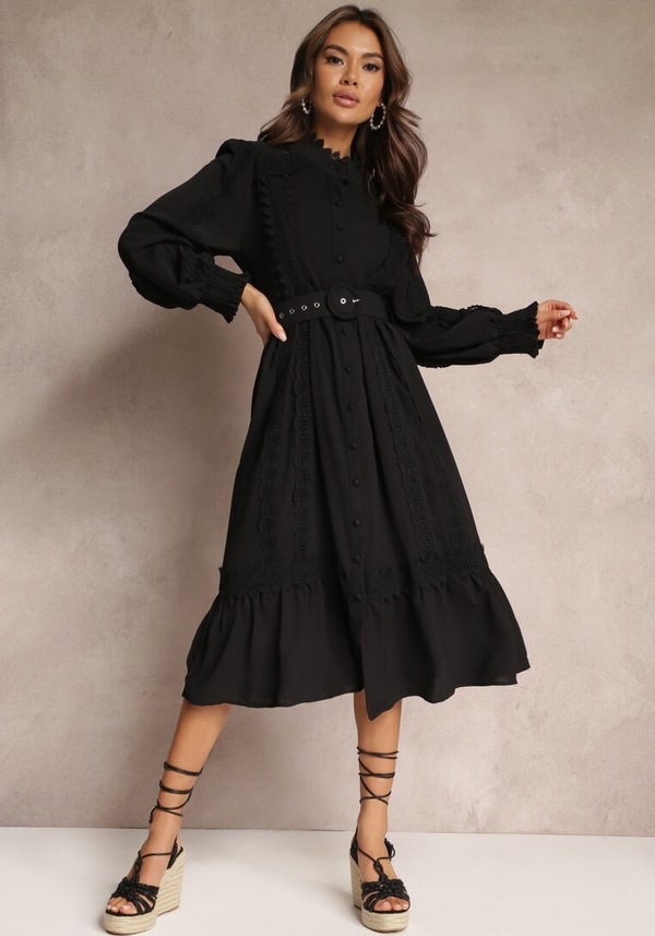 Czarna sukienka Renee z długim rękawem midi koszulowa