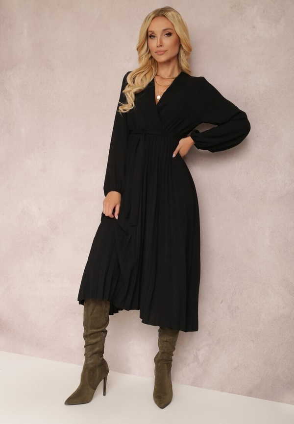 Czarna sukienka Renee z długim rękawem w stylu casual z dekoltem w kształcie litery v