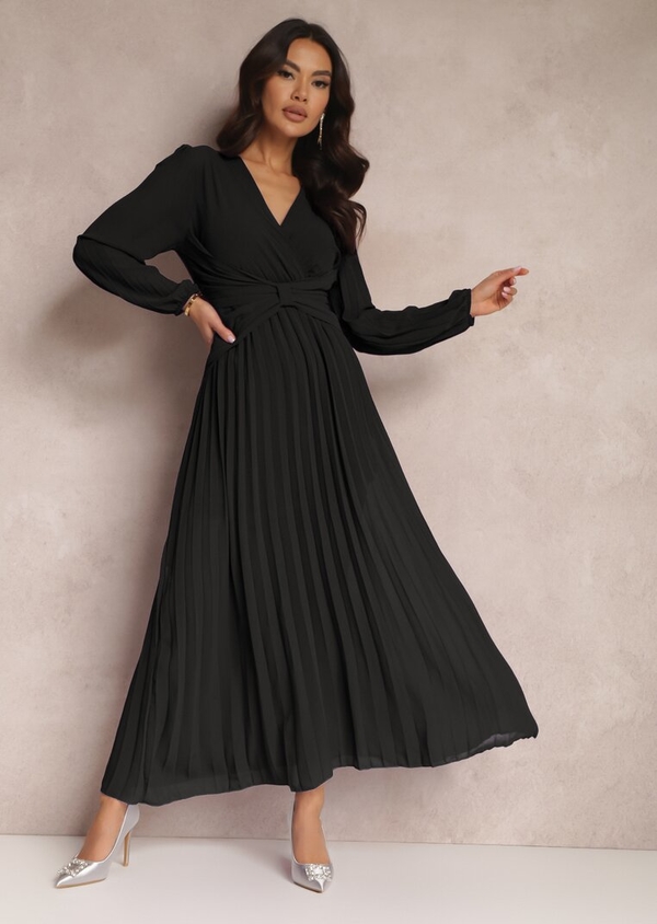 Czarna sukienka Renee z długim rękawem z dekoltem w kształcie litery v
