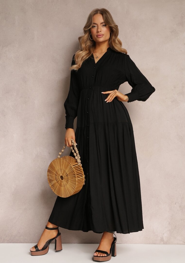 Czarna sukienka Renee z długim rękawem z dekoltem w kształcie litery v maxi