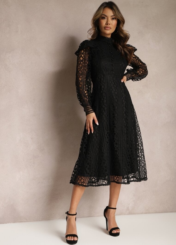 Czarna sukienka Renee z długim rękawem z okrągłym dekoltem