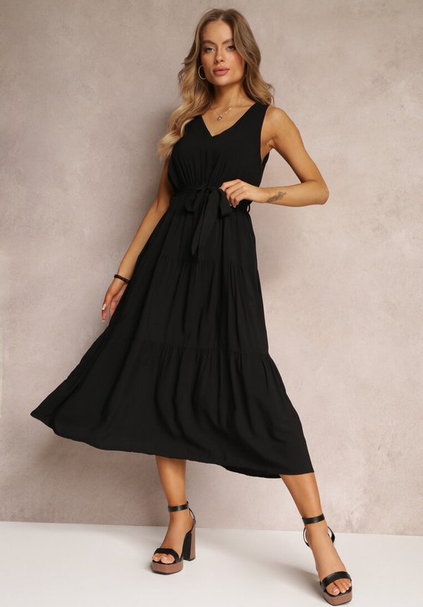 Czarna sukienka Renee z tkaniny midi z dekoltem w kształcie litery v