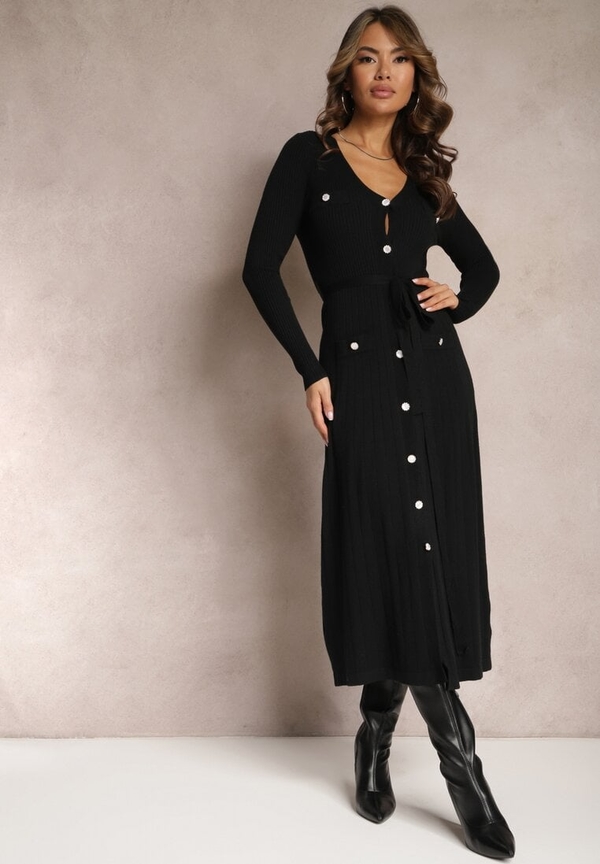 Czarna sukienka Renee z tkaniny w stylu casual z długim rękawem