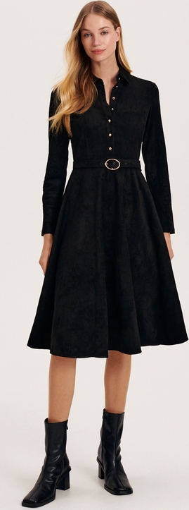 Czarna sukienka Reserved w stylu casual z długim rękawem midi