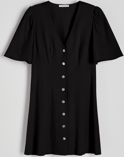 Czarna sukienka Reserved z lnu z dekoltem w kształcie litery v rozkloszowana