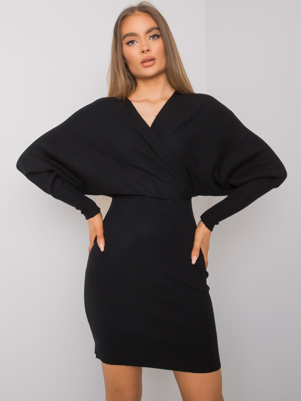 Czarna sukienka Sheandher.pl w stylu casual z długim rękawem z dekoltem w kształcie litery v