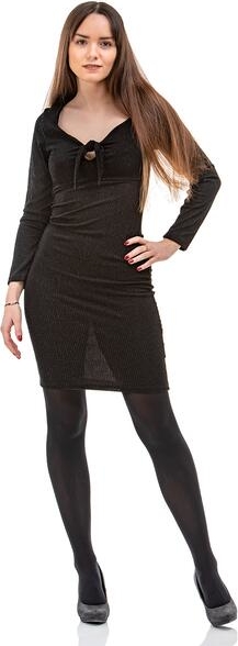 Czarna sukienka Szachownica z długim rękawem mini z dekoltem w kształcie litery v