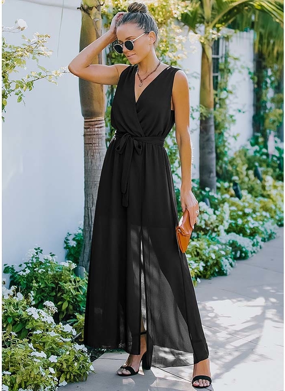 Czarna sukienka Tina bez rękawów maxi z dekoltem w kształcie litery v