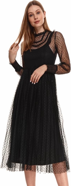 Czarna sukienka Top Secret z okrągłym dekoltem z tiulu z długim rękawem