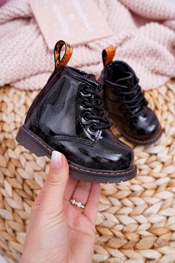 Czarne buty dziecięce zimowe Frrock dla dziewczynek sznurowane