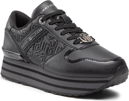 Czarne buty sportowe Tommy Hilfiger na platformie sznurowane w sportowym stylu