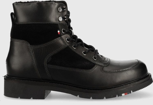 Czarne buty zimowe Tommy Hilfiger sznurowane ze skóry