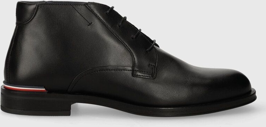 Czarne buty zimowe Tommy Hilfiger ze skóry sznurowane