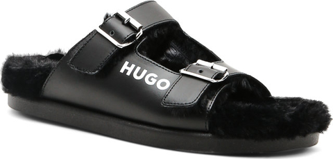 Czarne kapcie Hugo Boss z płaską podeszwą ze skóry