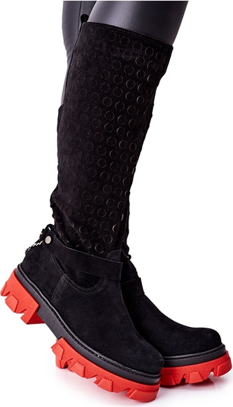 Czarne kozaki Lewski Shoes z zamszu w stylu casual przed kolano
