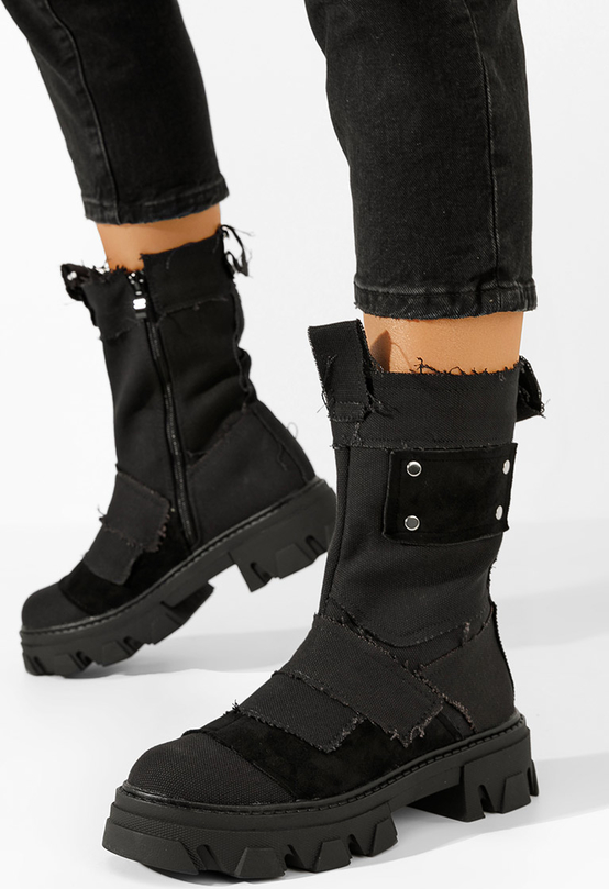 Czarne kozaki Zapatos z płaską podeszwą w stylu casual sznurowane