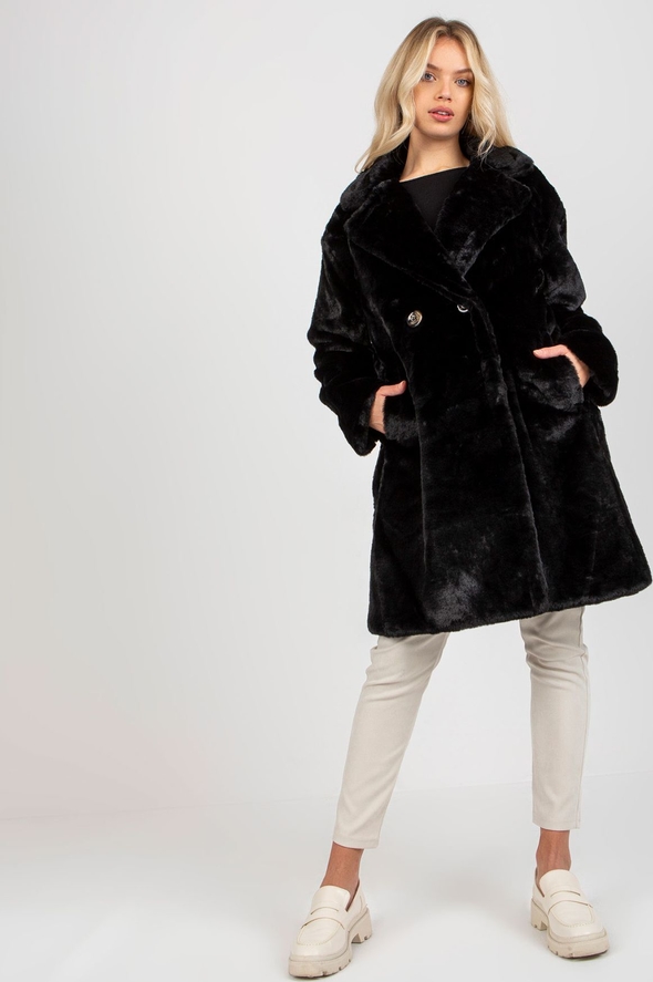Czarny damski płaszcz futrzany z kieszeniami OCH BELLA