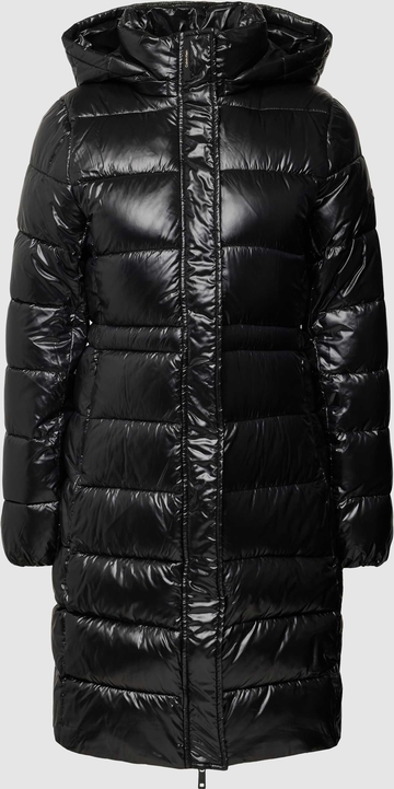 Czarny płaszcz Calvin Klein taliowana z kapturem