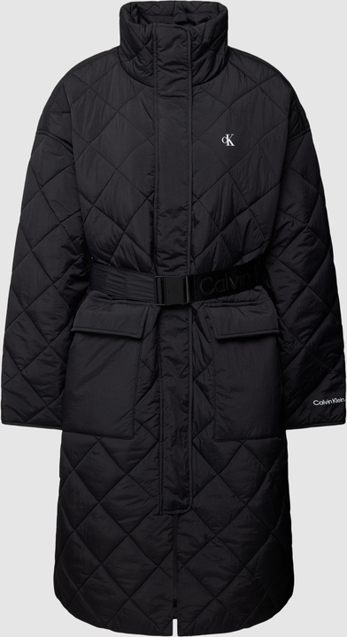 Czarny płaszcz Calvin Klein w stylu casual z kapturem taliowana