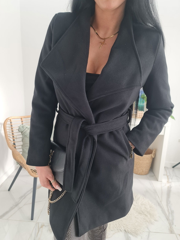 Czarny płaszcz Moda Italia z wełny w stylu casual