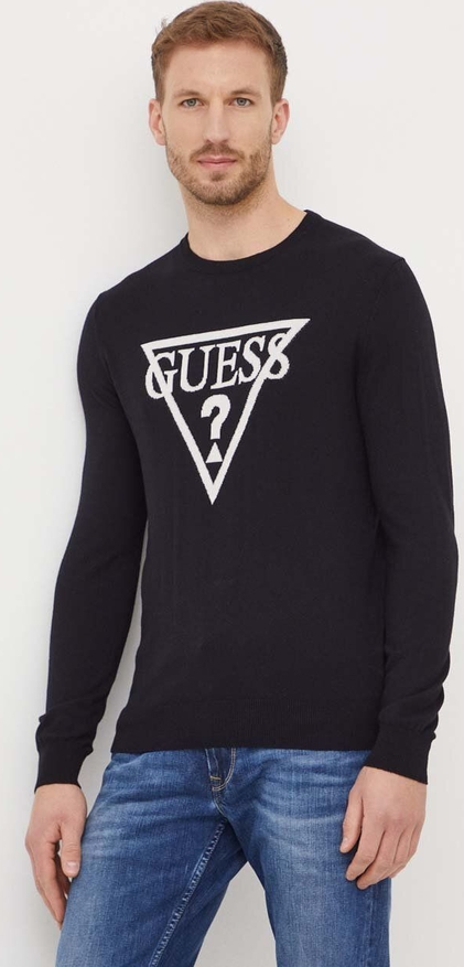 Czarny sweter Guess w młodzieżowym stylu z jedwabiu z okrągłym dekoltem