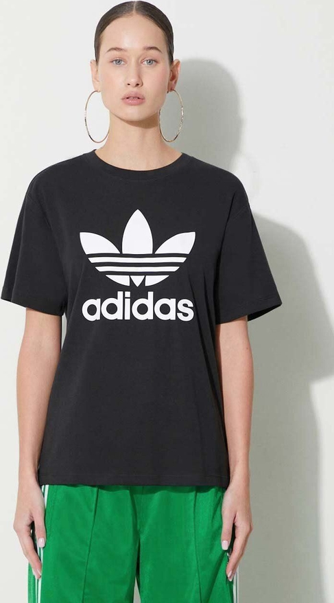 Czarny t-shirt Adidas Originals w sportowym stylu z krótkim rękawem z okrągłym dekoltem
