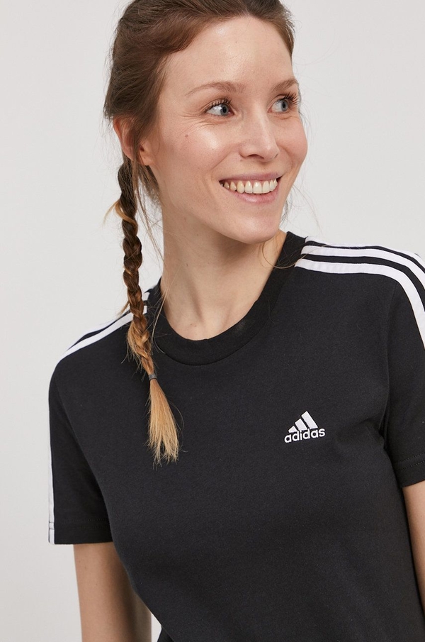 Czarny t-shirt Adidas z krótkim rękawem z okrągłym dekoltem w sportowym stylu