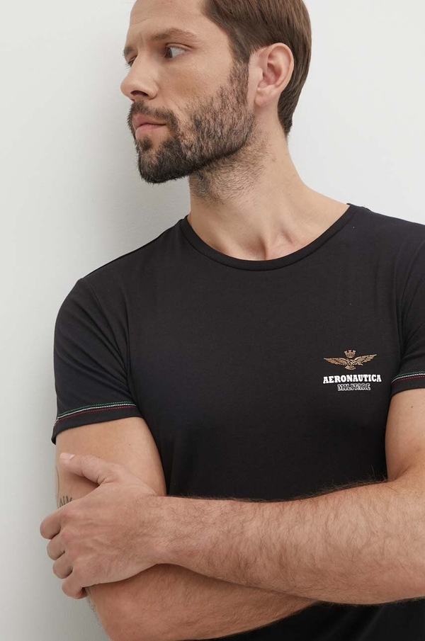 Czarny t-shirt Aeronautica Militare z nadrukiem