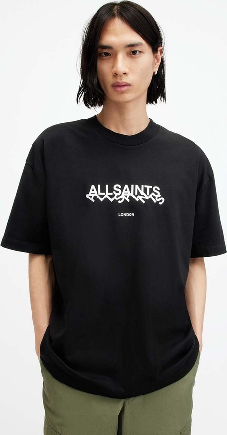 Czarny t-shirt AllSaints z krótkim rękawem z nadrukiem