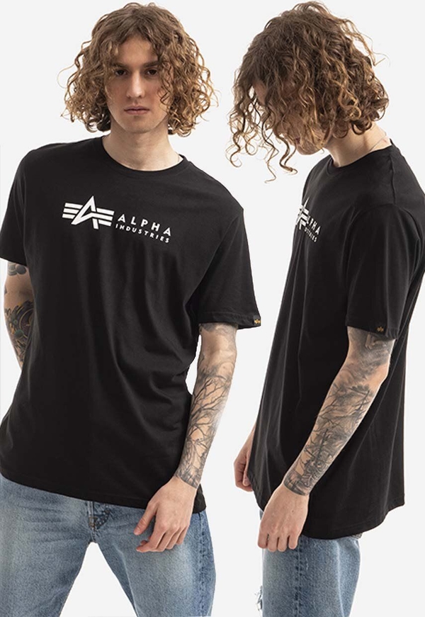 Czarny t-shirt Alpha Industries w młodzieżowym stylu z bawełny z krótkim rękawem
