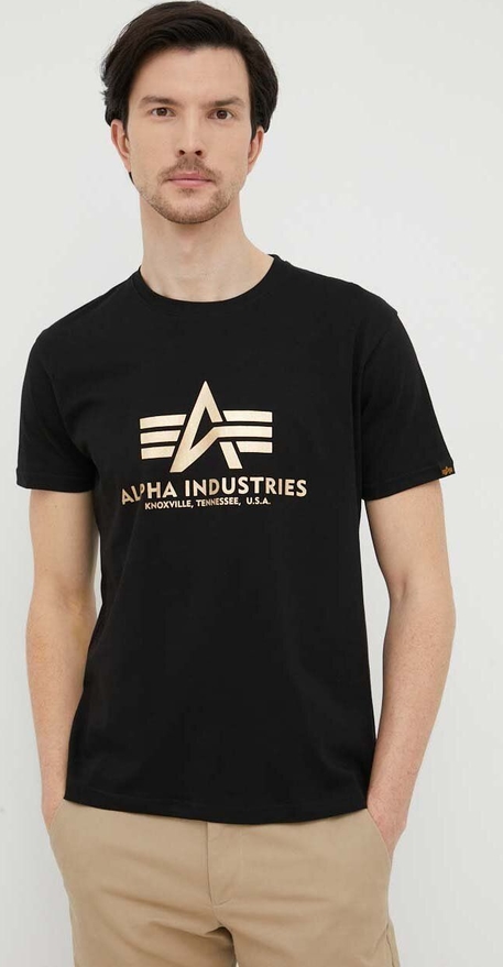 Czarny t-shirt Alpha Industries w młodzieżowym stylu z dzianiny z nadrukiem