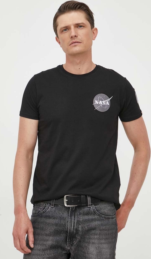 Czarny t-shirt Alpha Industries w stylu casual z nadrukiem