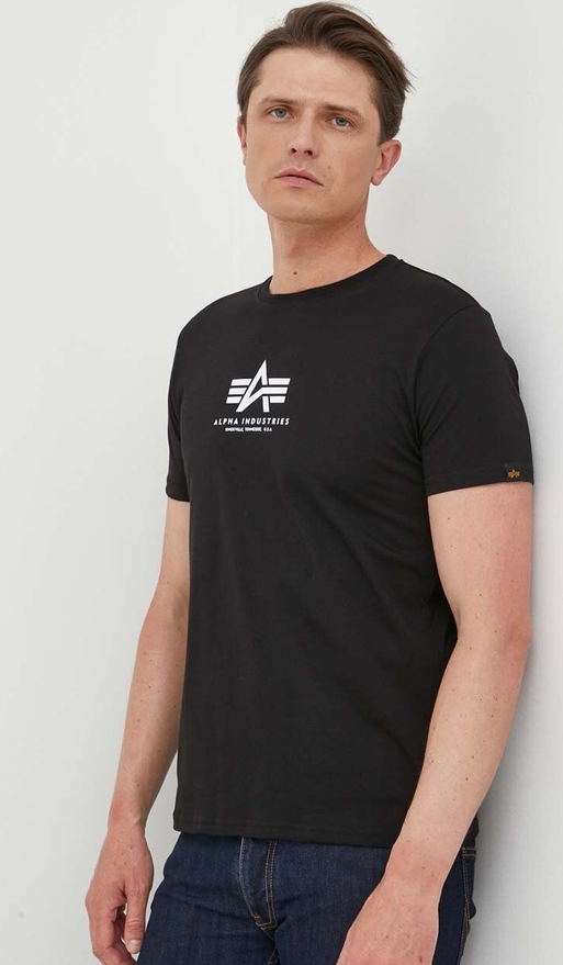 Czarny t-shirt Alpha Industries z krótkim rękawem w stylu casual z bawełny