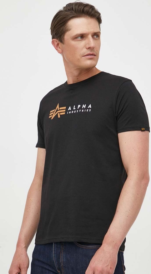 Czarny t-shirt Alpha Industries z krótkim rękawem z nadrukiem
