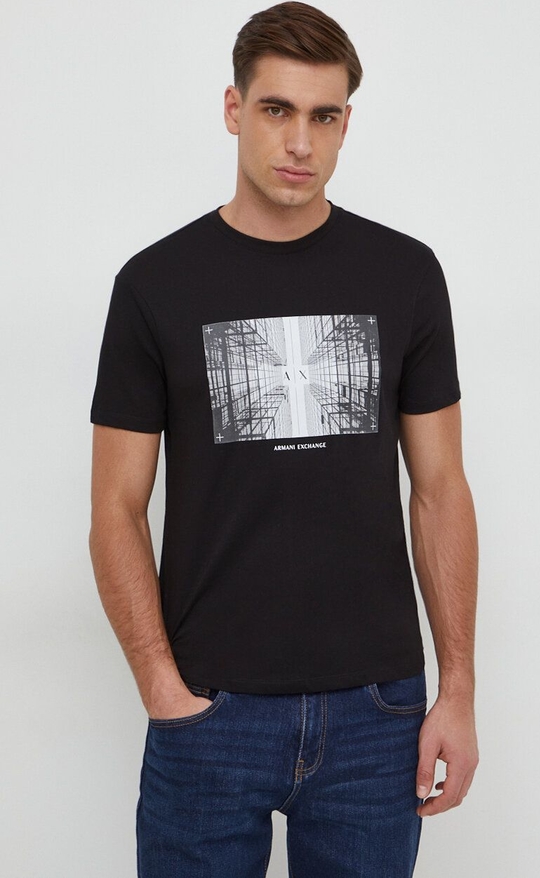 Czarny t-shirt Armani Exchange z bawełny z krótkim rękawem z nadrukiem