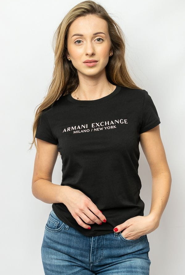 Czarny t-shirt Armani Exchange z bawełny z okrągłym dekoltem w młodzieżowym stylu
