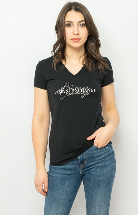 Czarny t-shirt Armani Exchange z krótkim rękawem w młodzieżowym stylu z bawełny