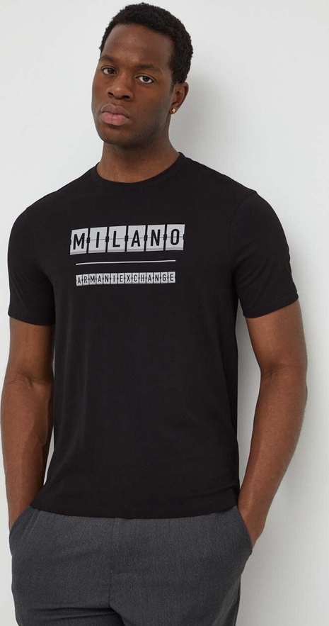 Czarny t-shirt Armani Exchange z nadrukiem z bawełny z krótkim rękawem