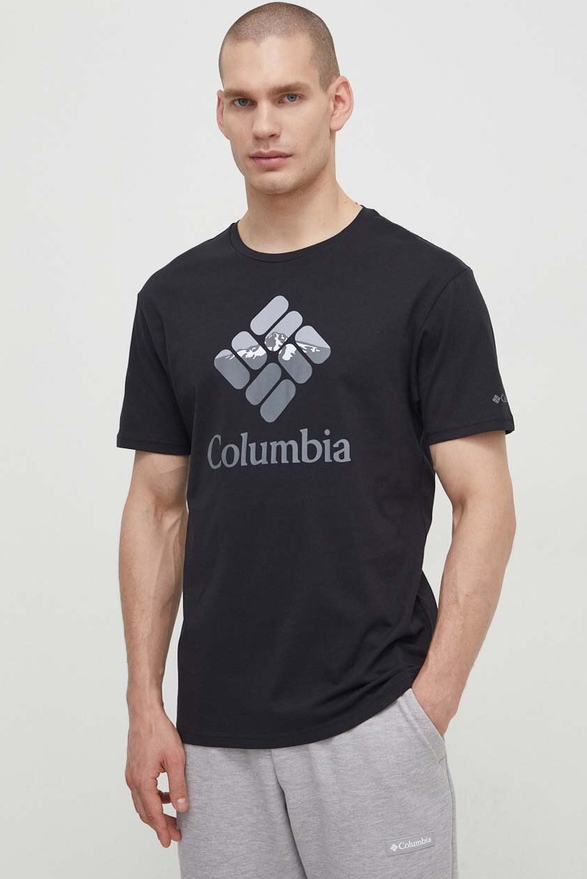 Czarny t-shirt Columbia z bawełny z nadrukiem z krótkim rękawem